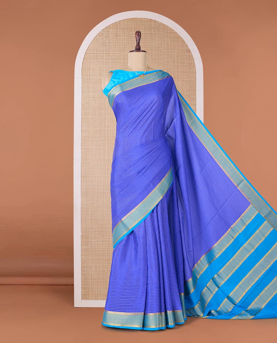 Blue zari checked Mysore silk saree, contrast jaal zari border, and zari striped pallu