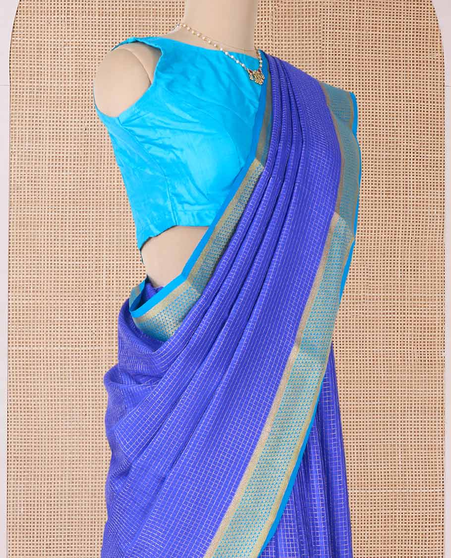 Blue zari checked Mysore silk saree, contrast jaal zari border, and zari striped pallu