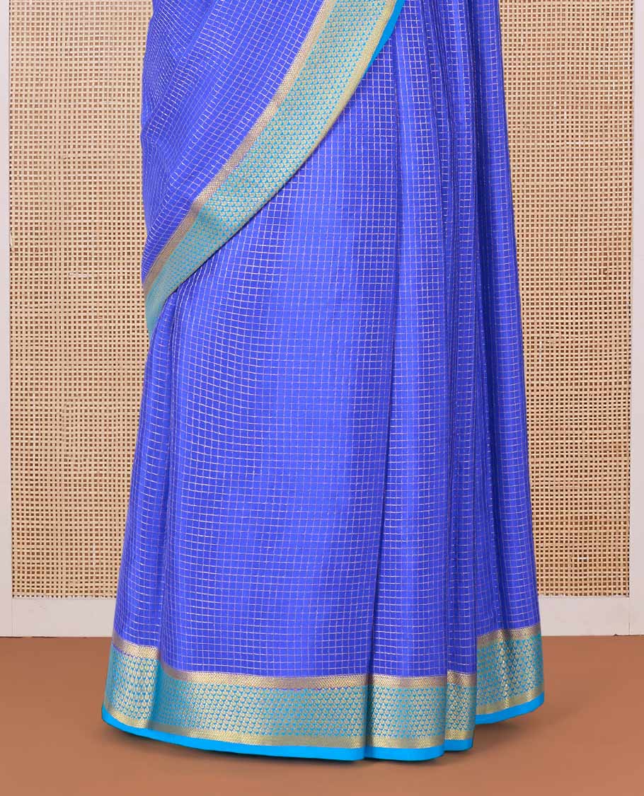 Blue zari checked Mysore silk saree, contrast jaal zari border, and zari striped pallu