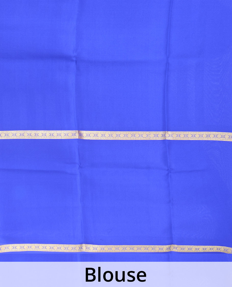 Blue chakram jacquard Mysore silk saree, rettai pettu traditional zari big border, and zari-rich temple pallu