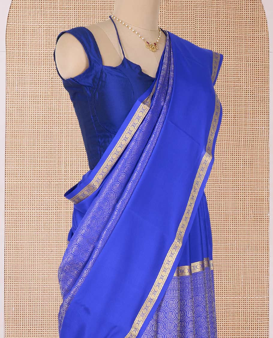 Blue chakram jacquard Mysore silk saree, rettai pettu traditional zari big border, and zari-rich temple pallu