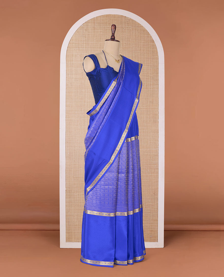 Blue chakram jacquard Mysore silk saree, rettai pettu traditional zari big border, and zari-rich temple pallu