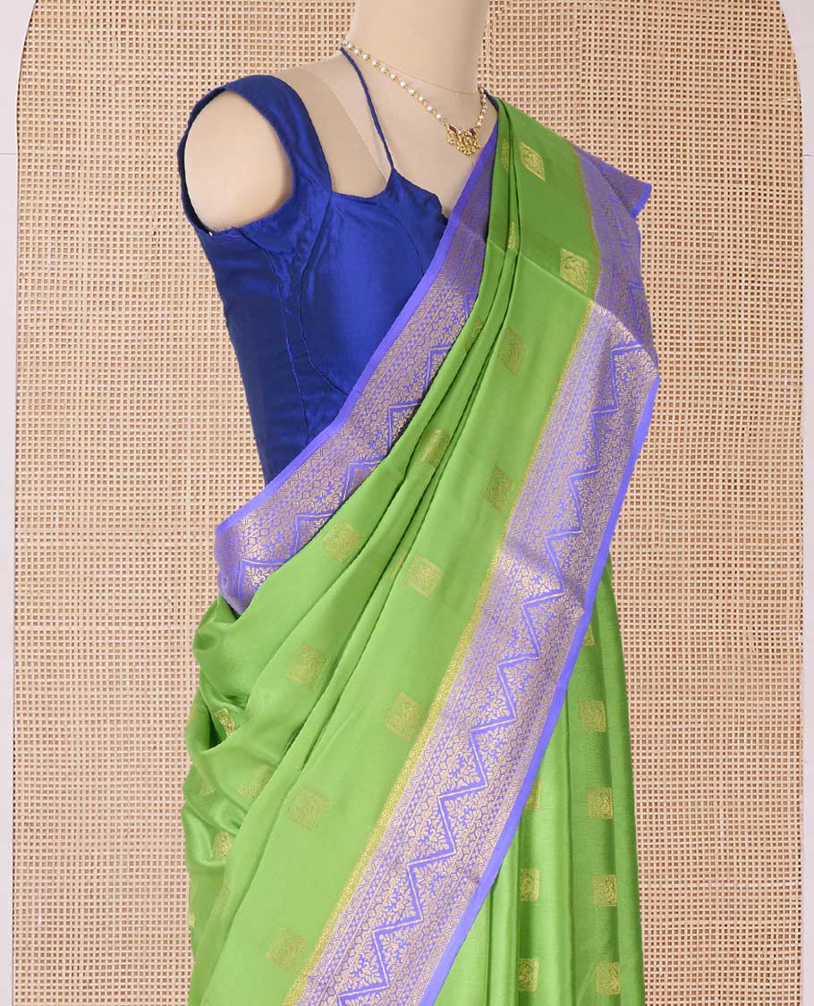 Green zari buttas Mysore silk saree, contrast traditional zari border, and traditional zari designs woven pallu