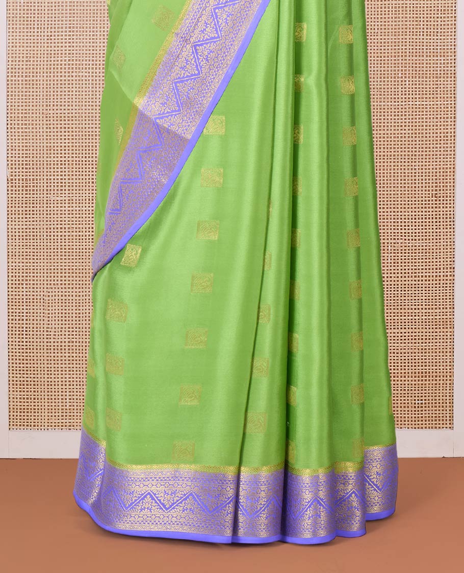 Green zari buttas Mysore silk saree, contrast traditional zari border, and traditional zari designs woven pallu