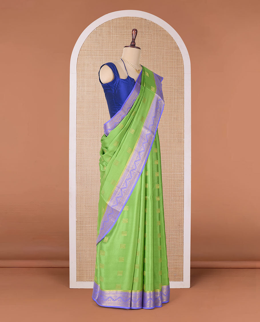 Green zari buttas Mysore silk saree, contrast traditional zari border, and traditional zari designs woven pallu