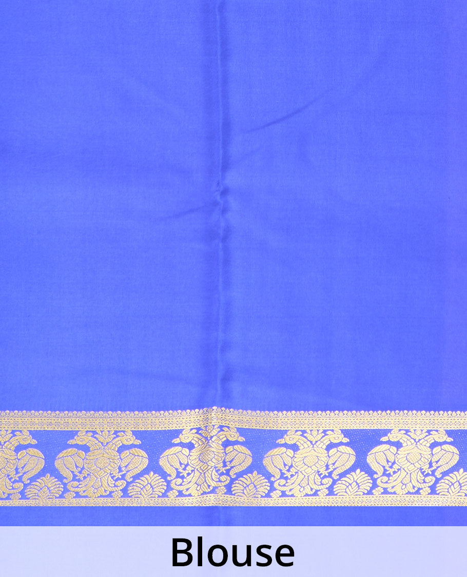 Purple plain Mysore silk saree, contrast two-headed eagle border, and pallu of traditional designs