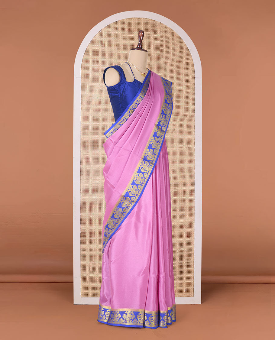 Purple plain Mysore silk saree, contrast two-headed eagle border, and pallu of traditional designs