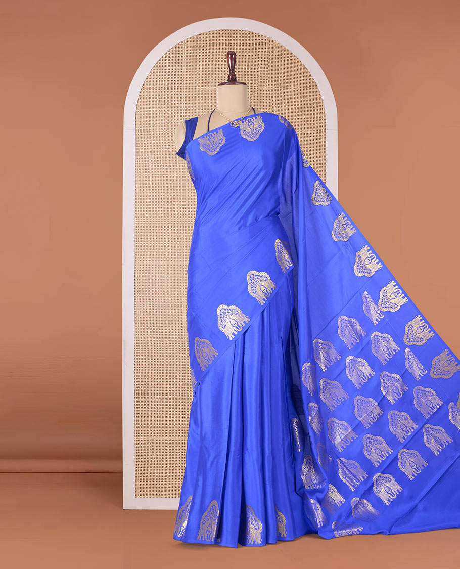 Blue plain Mysore silk saree, elephant motifs woven border, and pallu steeped with elephant motifs