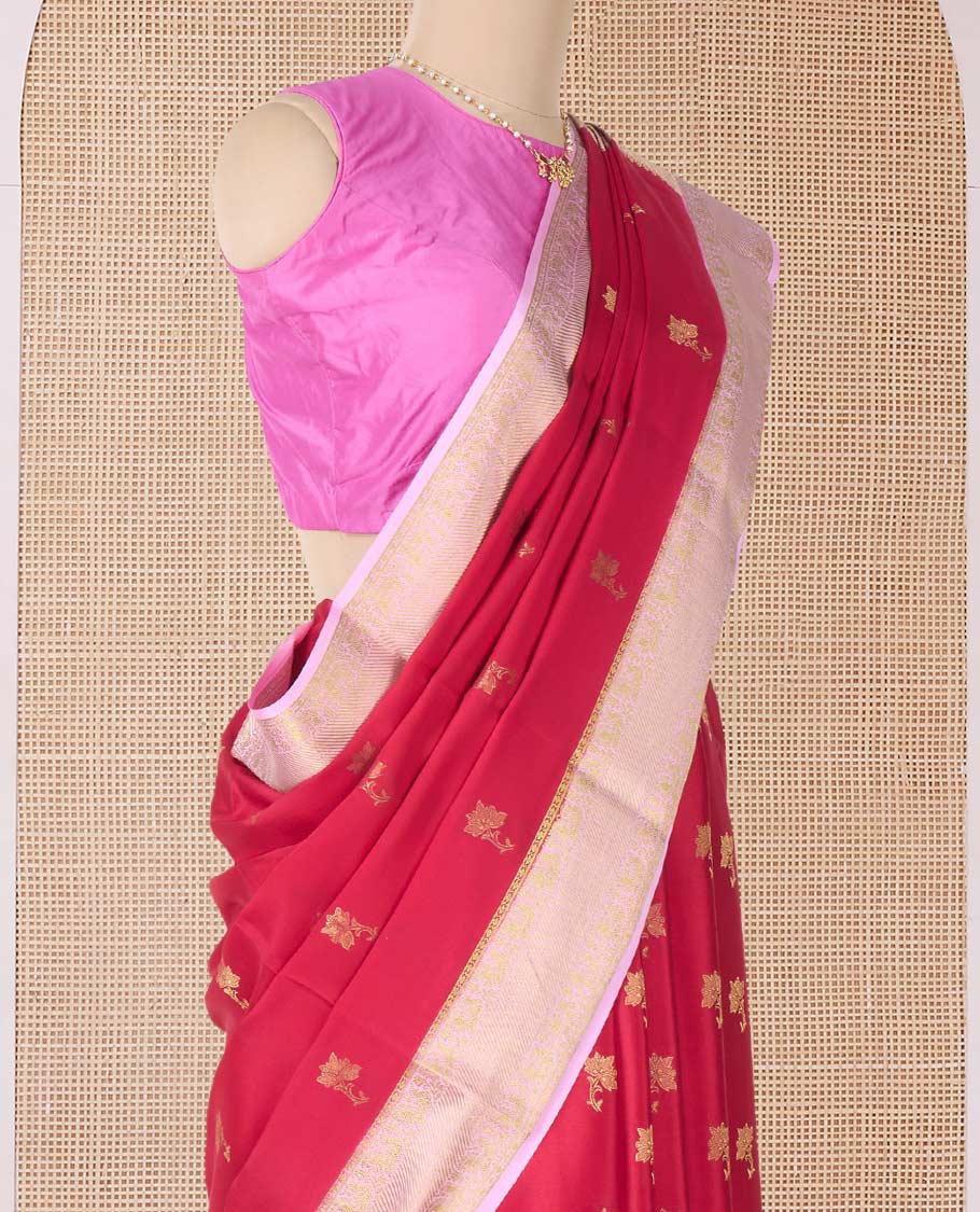 Red floral zari buttas woven Mysore silk saree, contrast traditional zari border, and pallu of jaal design
