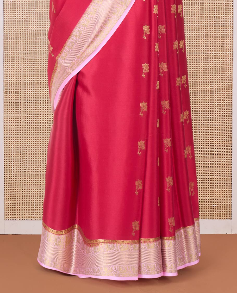 Red floral zari buttas woven Mysore silk saree, contrast traditional zari border, and pallu of jaal design
