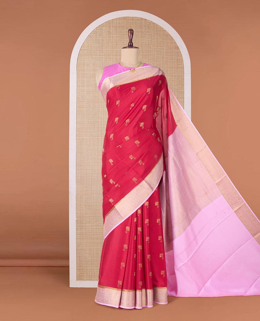 Red floral zari buttas woven Mysore silk saree, contrast traditional zari border, and pallu of jaal design