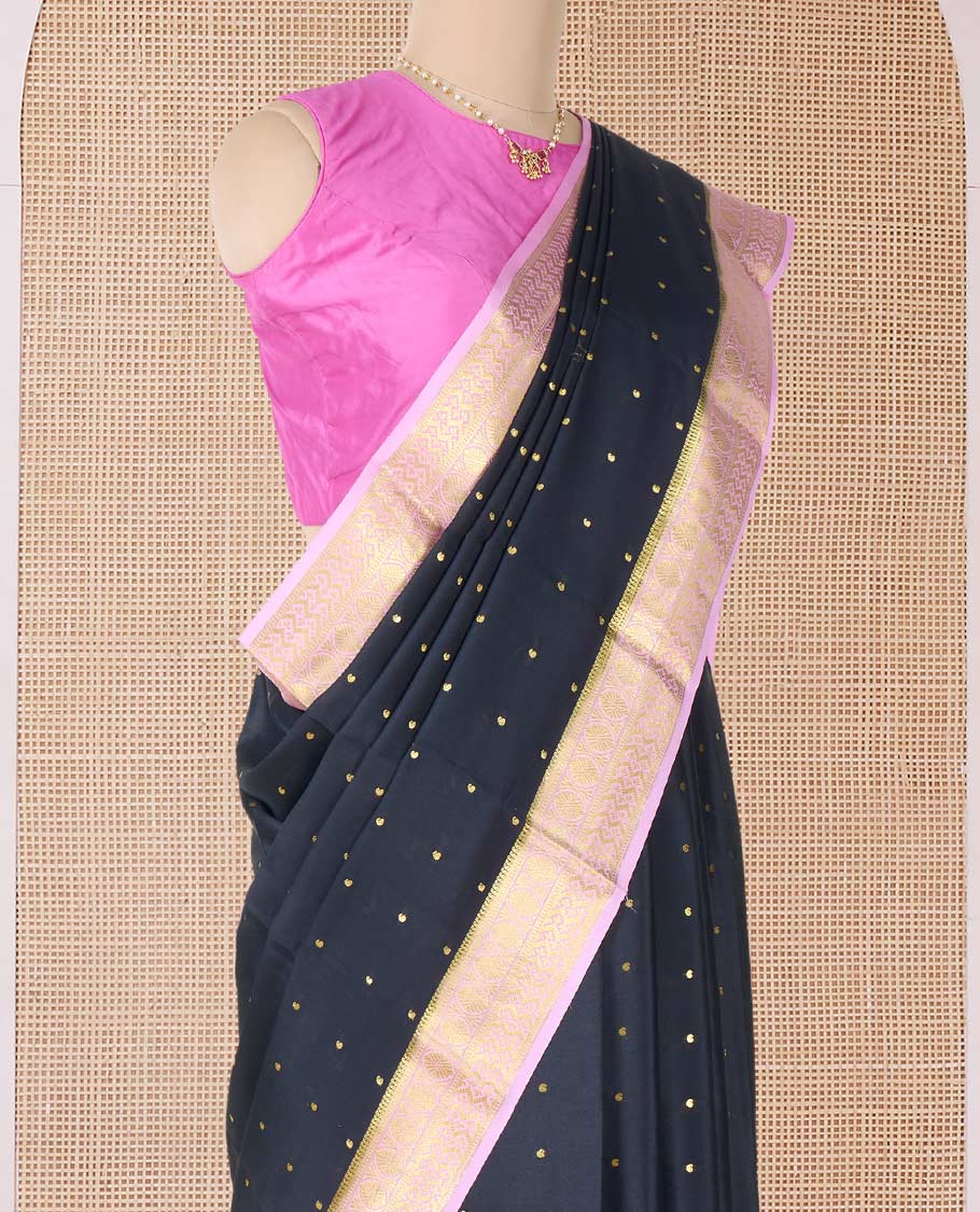 Black zari buttas Mysore silk saree, contrast traditional zari border, and pallu of jaal design