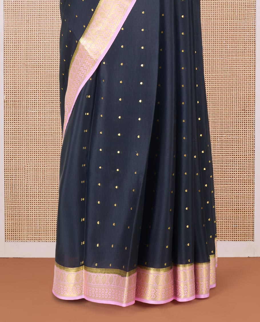 Black zari buttas Mysore silk saree, contrast traditional zari border, and pallu of jaal design