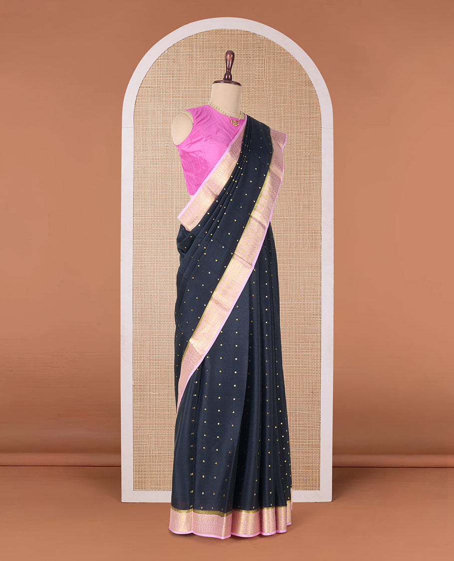 Black zari buttas Mysore silk saree, contrast traditional zari border, and pallu of jaal design