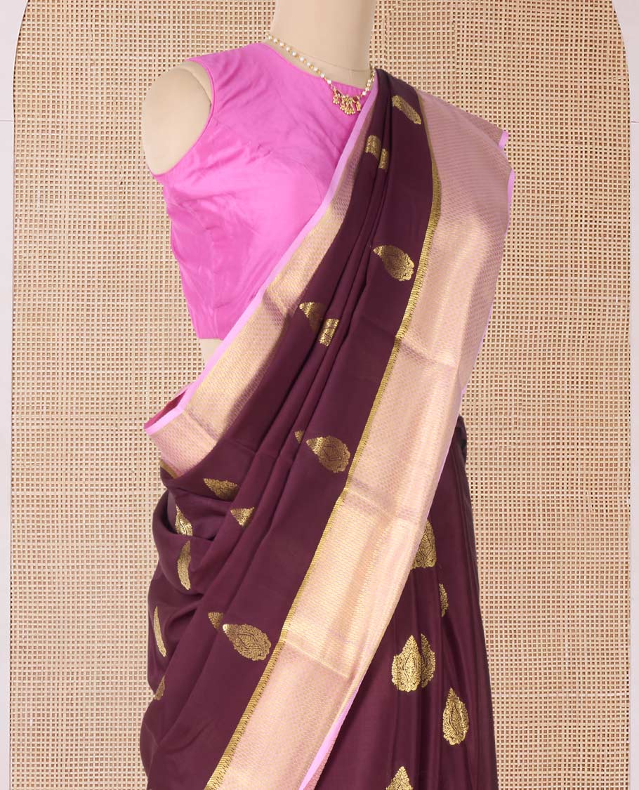 Maroon zari buttas Mysore silk saree, contrast traditional zari border, and pallu of jaal design