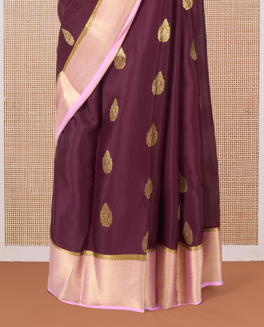 Maroon zari buttas Mysore silk saree, contrast traditional zari border, and pallu of jaal design