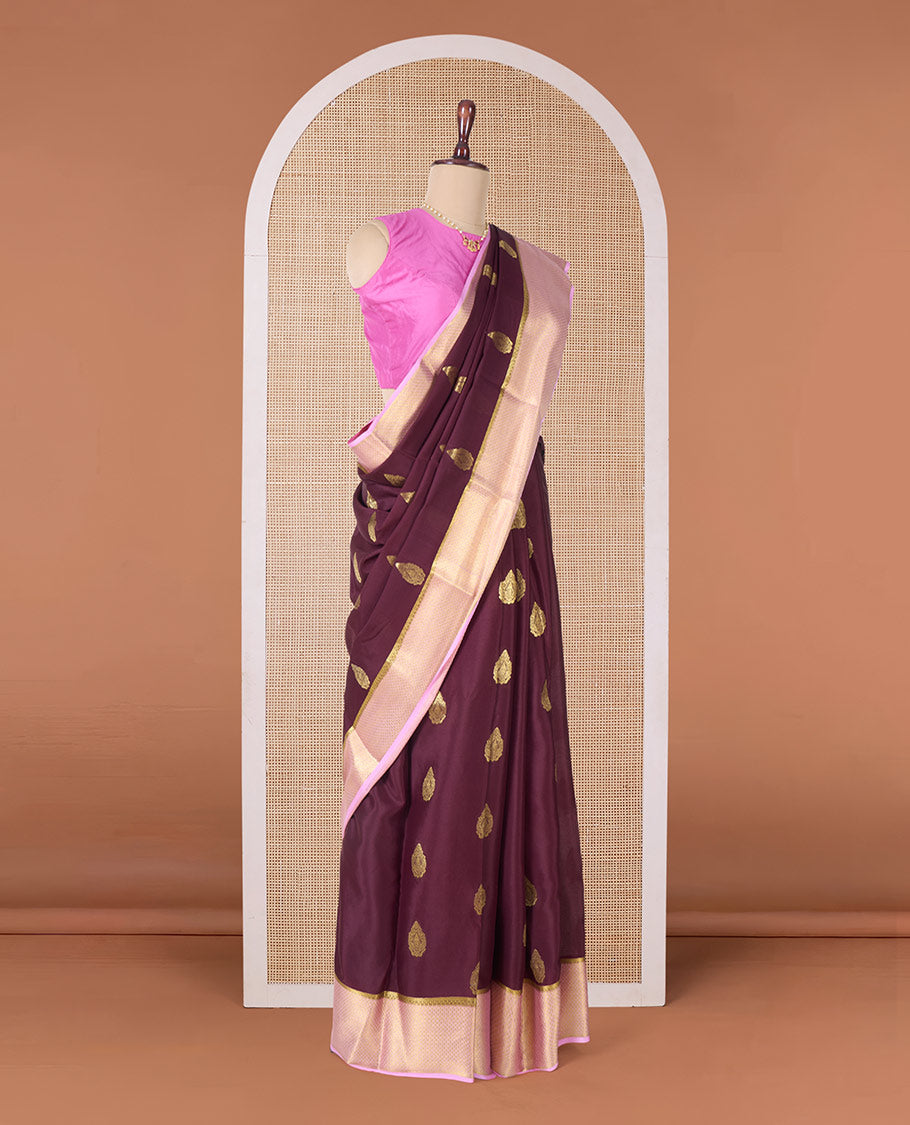 Maroon zari buttas Mysore silk saree, contrast traditional zari border, and pallu of jaal design