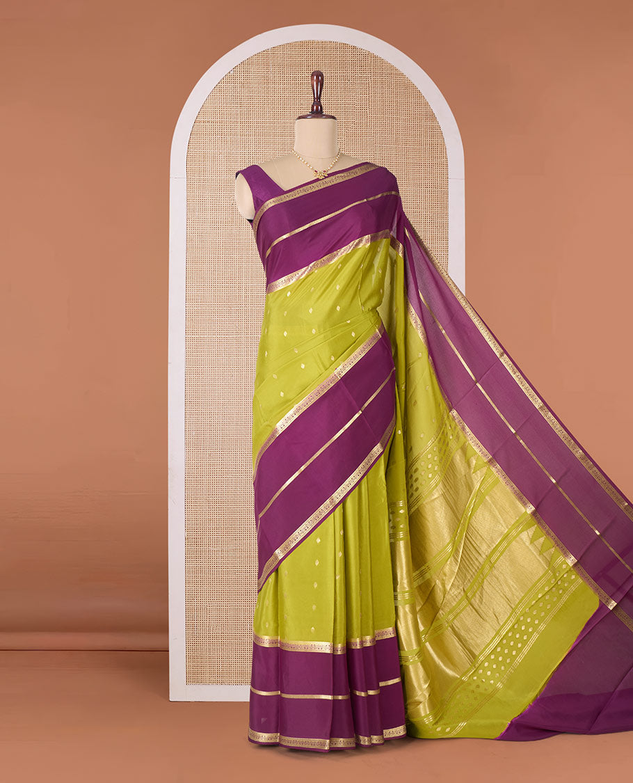 Green zari buttas Mysore silk saree, contrast traditional zari border, and pallu of Temple design in thick zari