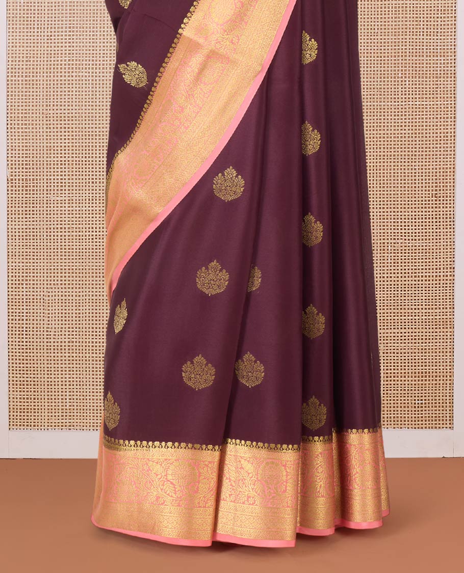 Brown zari buttas Mysore silk saree, contrast traditional zari border, and pallu of intricate designs