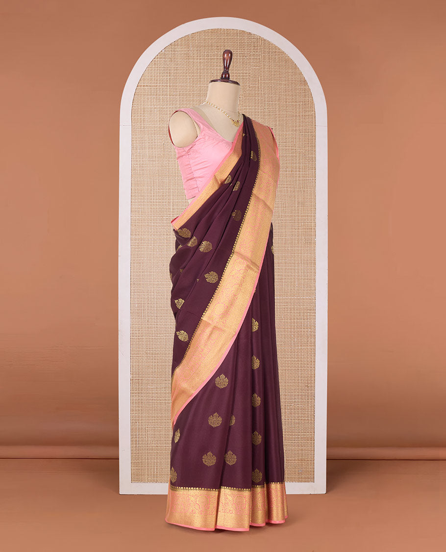 Brown zari buttas Mysore silk saree, contrast traditional zari border, and pallu of intricate designs