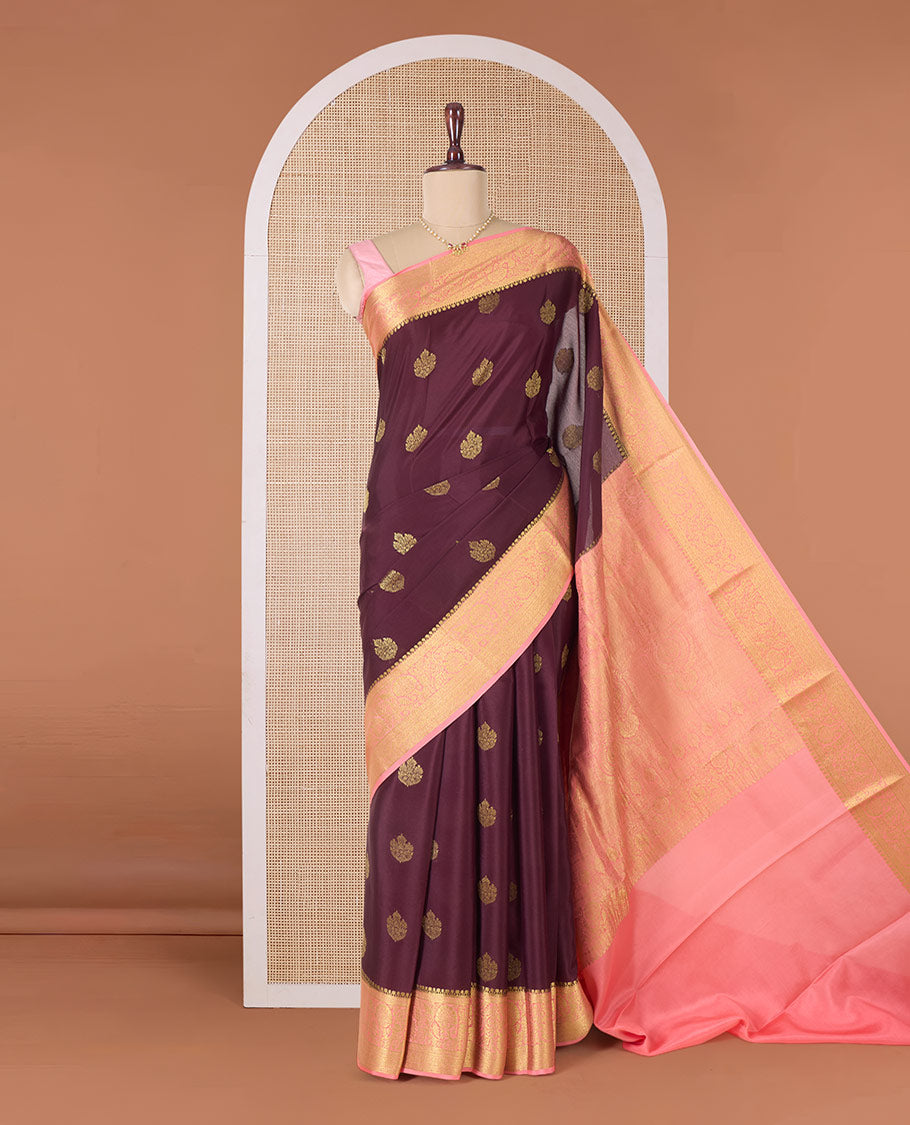Brown zari buttas Mysore silk saree, contrast traditional zari border, and pallu of intricate designs