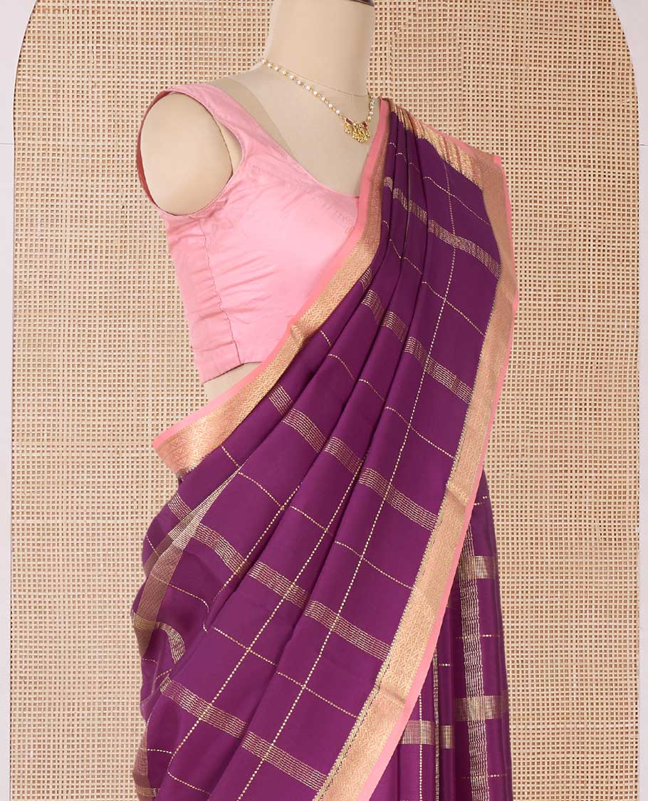 Purple zari checked Mysore silk saree, contrast traditional zari border, and pallu of traditional designs in zari
