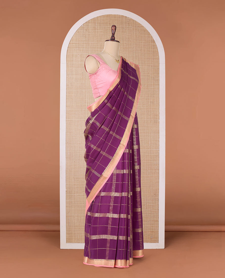 Purple zari checked Mysore silk saree, contrast traditional zari border, and pallu of traditional designs in zari