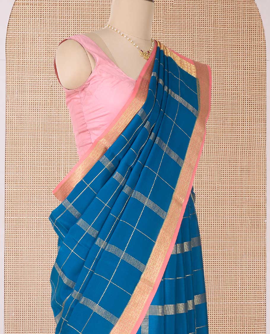 Blue zari checked Mysore silk saree, contrast traditional zari border, and pallu of traditional designs in zari