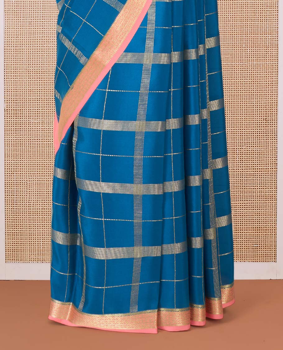 Blue zari checked Mysore silk saree, contrast traditional zari border, and pallu of traditional designs in zari
