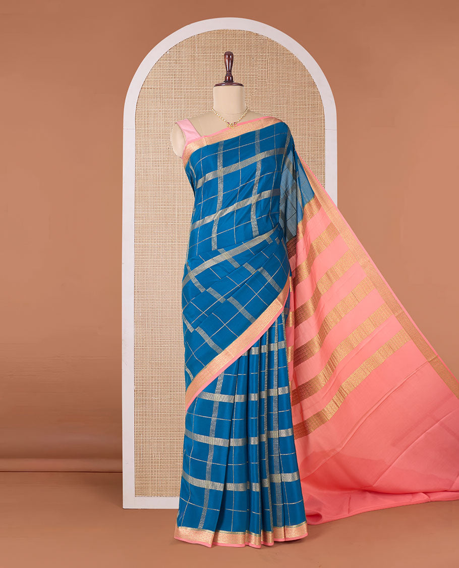 Blue zari checked Mysore silk saree, contrast traditional zari border, and pallu of traditional designs in zari