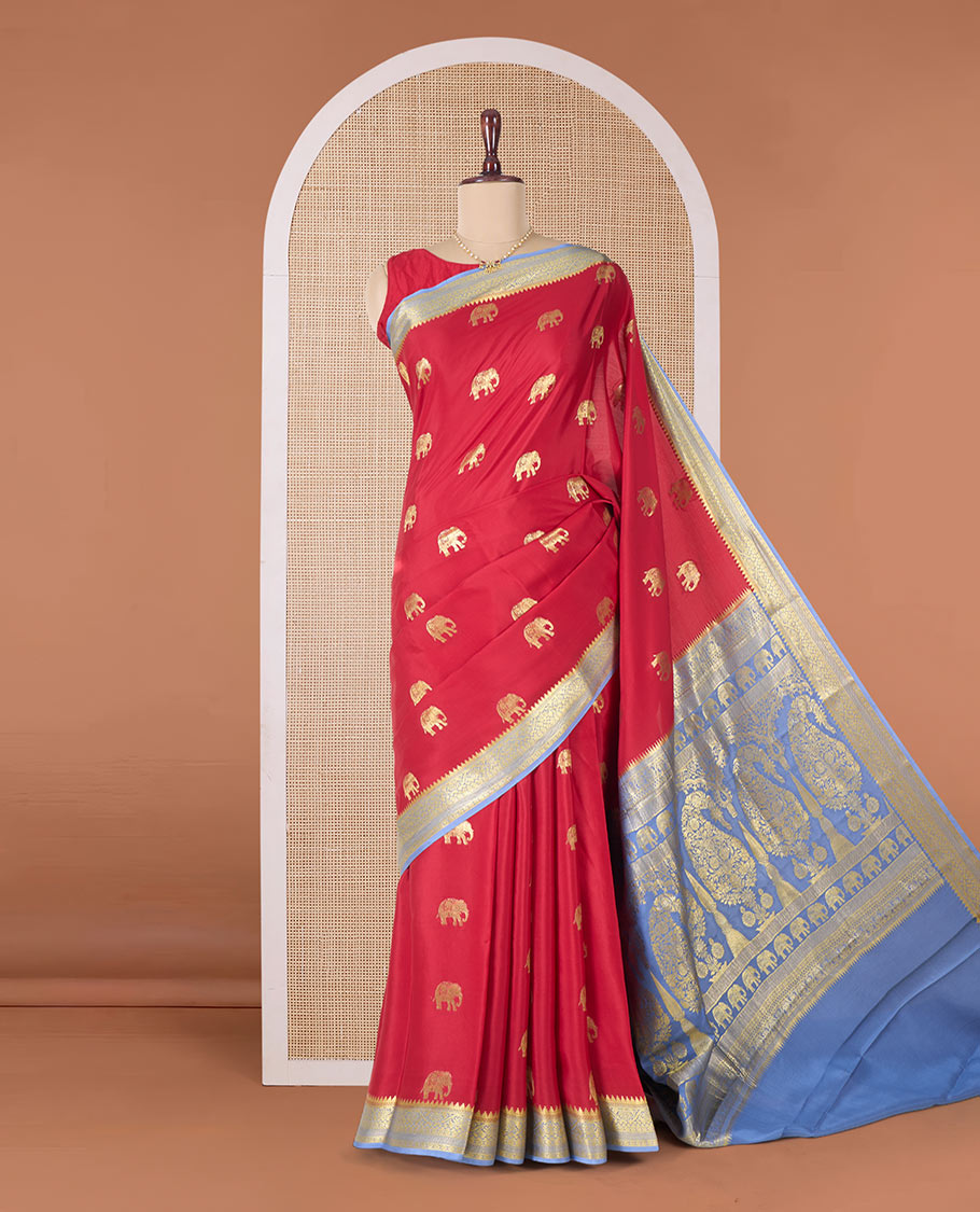 Red zari elephant motifs woven Mysore silk saree, contrast traditional zari border and pallu of zari-rich paisley designs