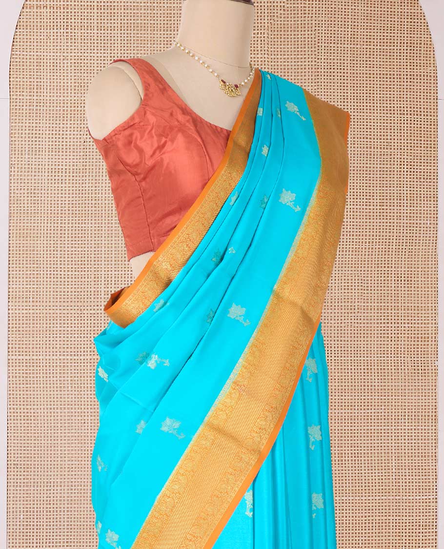 Blue floral zari buttas woven Mysore silk saree, contrast traditional zari border, and pallu of jaal design