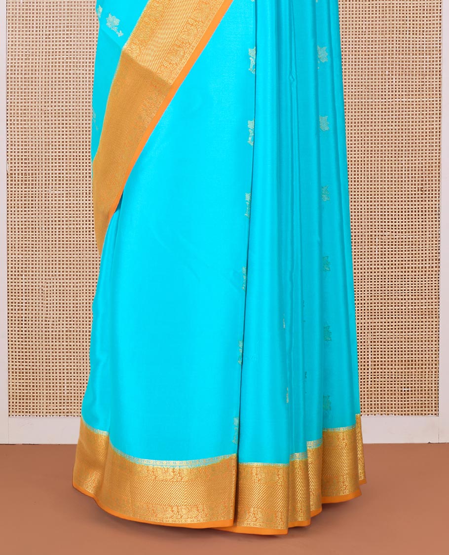 Blue floral zari buttas woven Mysore silk saree, contrast traditional zari border, and pallu of jaal design