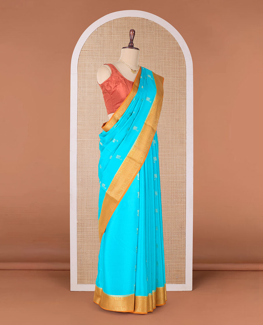 Blue floral zari buttas woven Mysore silk saree, contrast traditional zari border, and pallu of jaal design