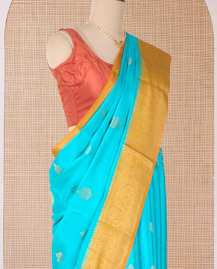 Blue zari buttas Mysore silk saree, contrast traditional zari border of floral creeper designs, and intricately woven pallu