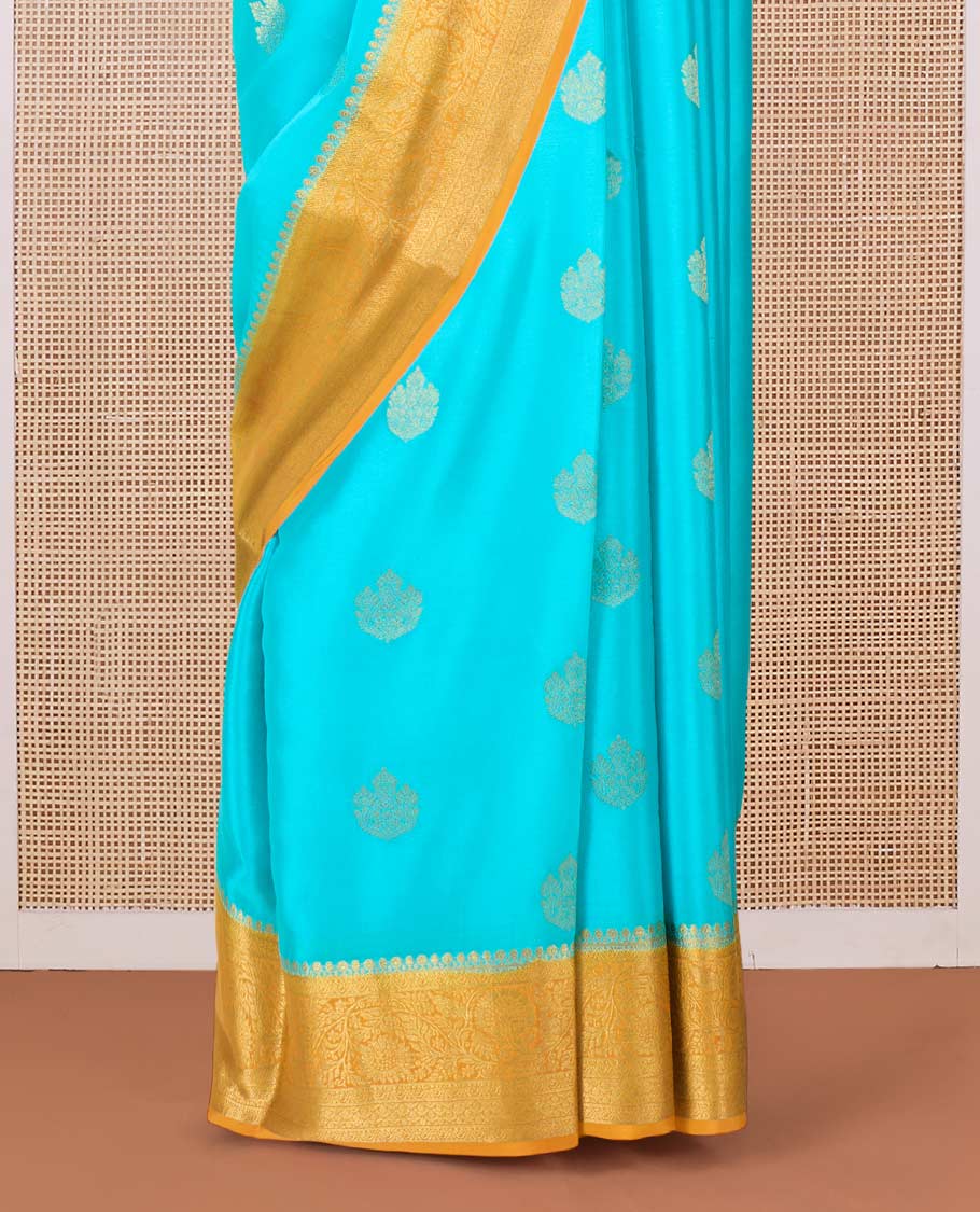 Blue zari buttas Mysore silk saree, contrast traditional zari border of floral creeper designs, and intricately woven pallu