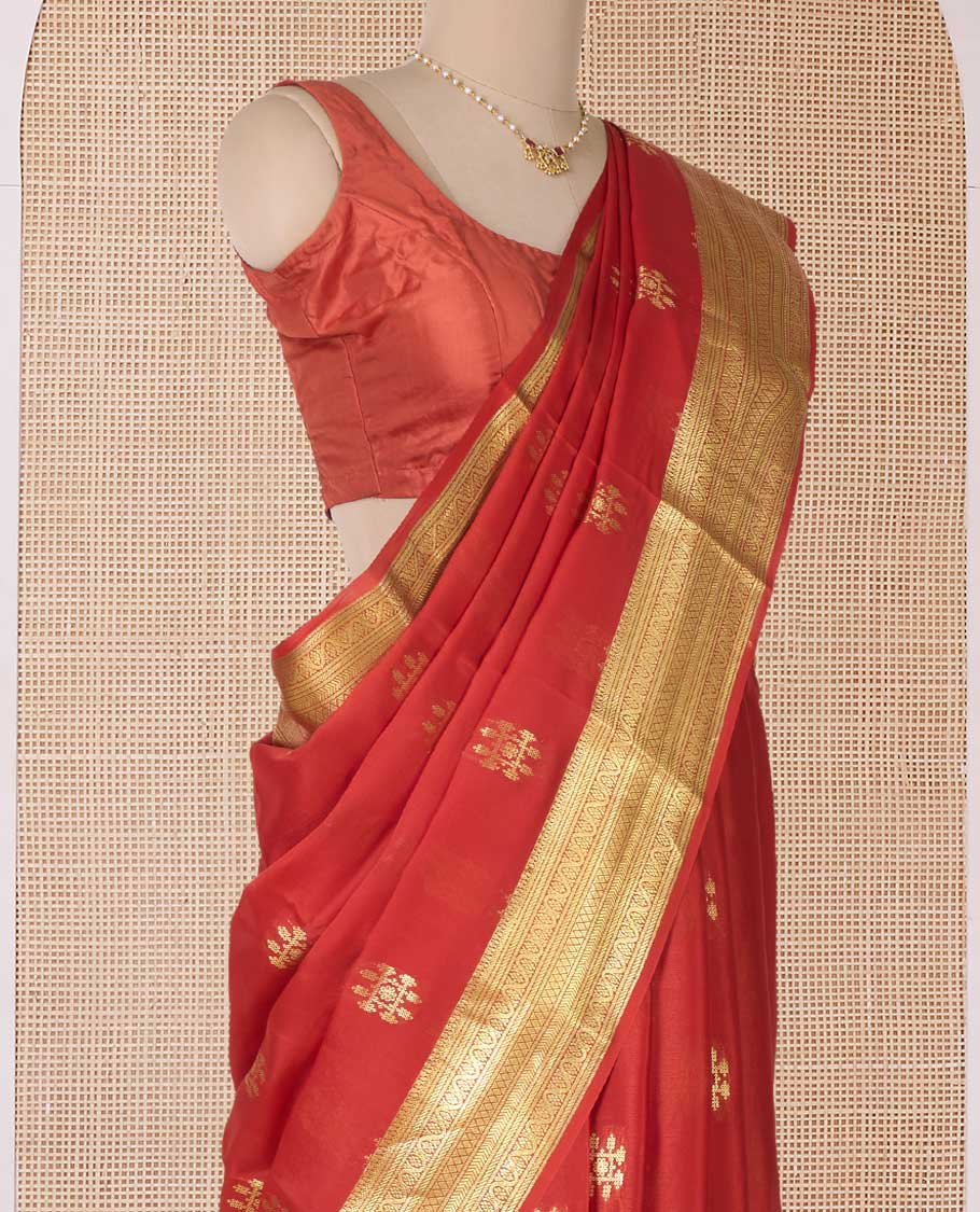 Orange zari buttas Mysore silk saree, traditional zari border, and pallu of jaal design