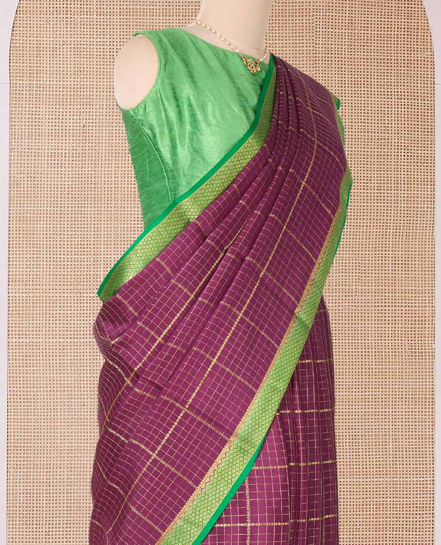Maroon zari checked Mysore silk saree, contrast peacock eye border, and pallu of zari stripes
