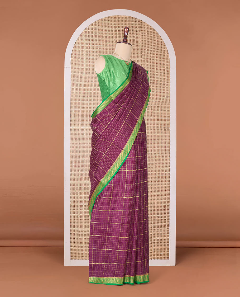 Maroon zari checked Mysore silk saree, contrast peacock eye border, and pallu of zari stripes