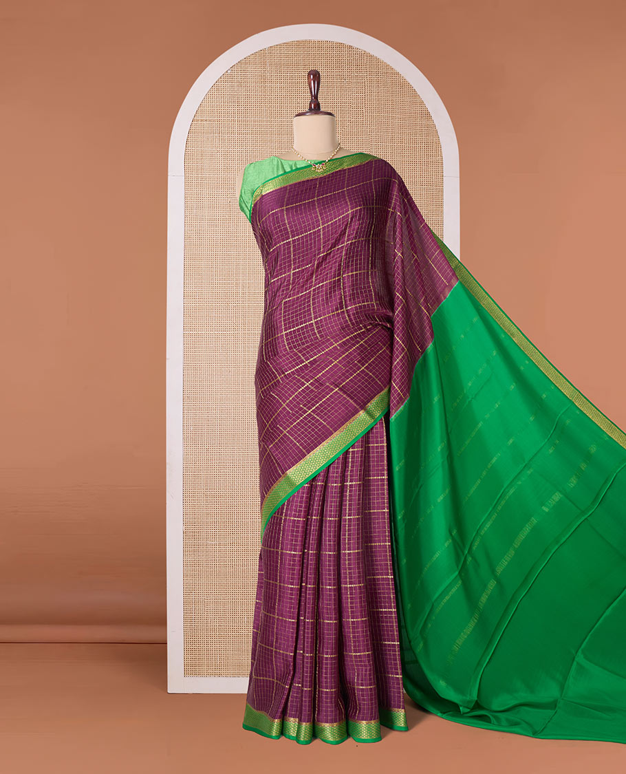Maroon zari checked Mysore silk saree, contrast peacock eye border, and pallu of zari stripes