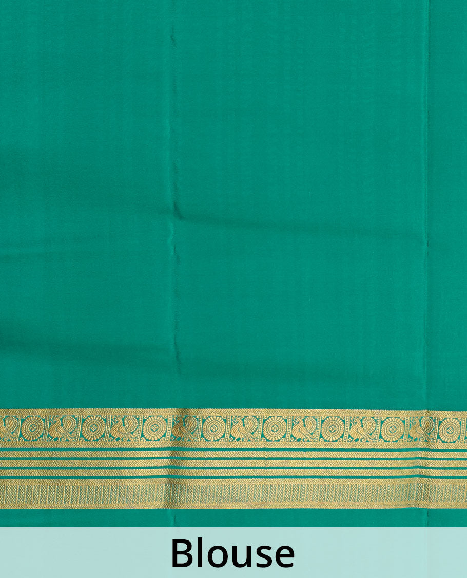 Violet plain Mysore silk saree, contrast traditional zari border of Peacock chakram, and pallu steeped with traditional zari designs