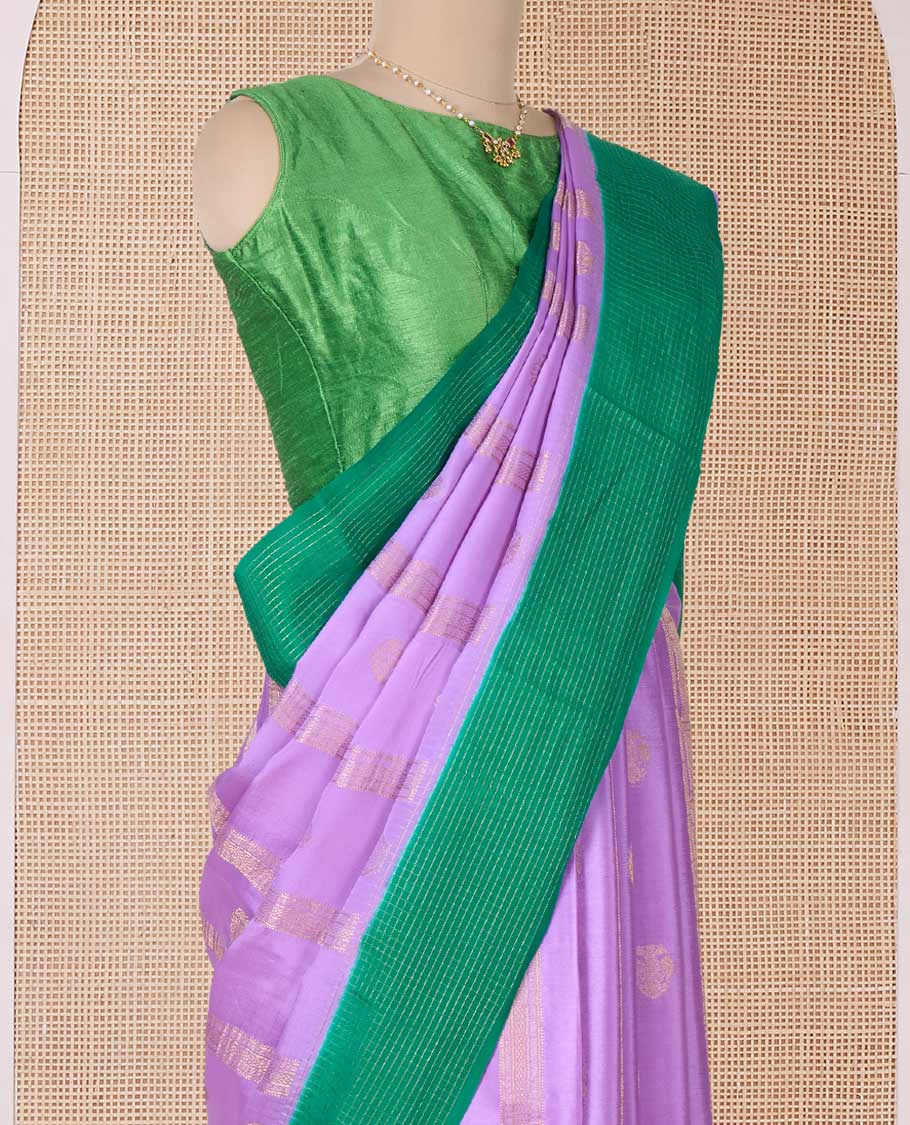Lavender zari design Mysore silk saree, contrast zari border, and pallu of diagonal stripes woven in zari