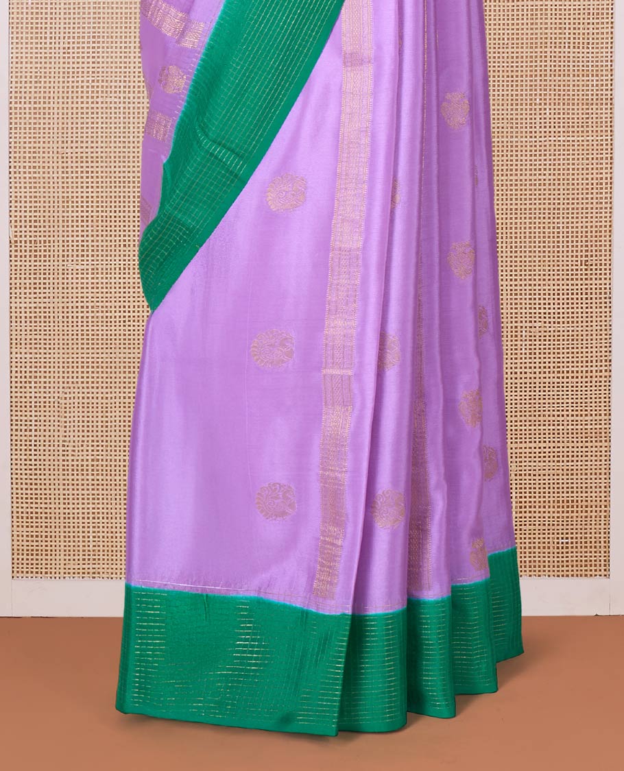 Lavender zari design Mysore silk saree, contrast zari border, and pallu of diagonal stripes woven in zari