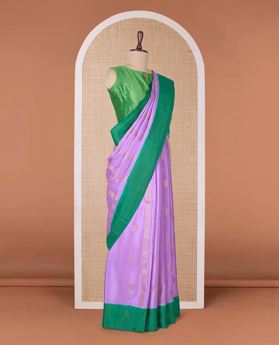 Lavender zari design Mysore silk saree, contrast zari border, and pallu of diagonal stripes woven in zari