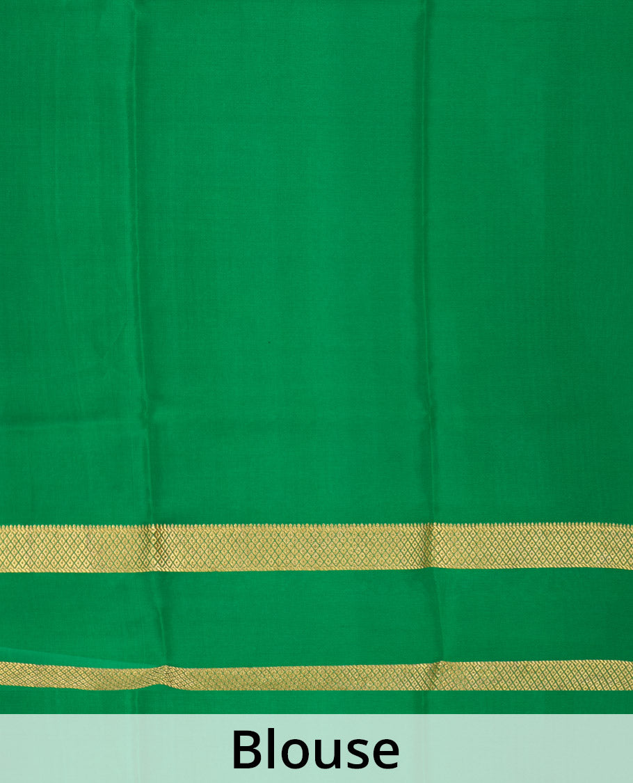 Red zari checked Mysore silk saree, contrast rettai pettu peacock eye zari border, and pallu of zari stripes