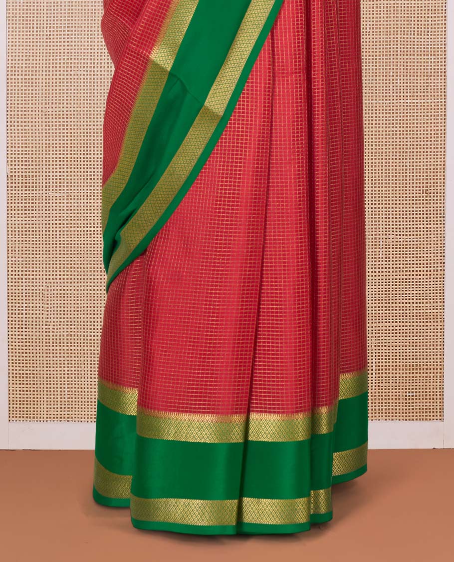 Red zari checked Mysore silk saree, contrast rettai pettu peacock eye zari border, and pallu of zari stripes