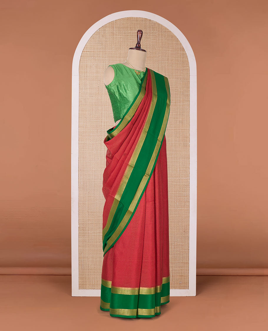Red zari checked Mysore silk saree, contrast rettai pettu peacock eye zari border, and pallu of zari stripes