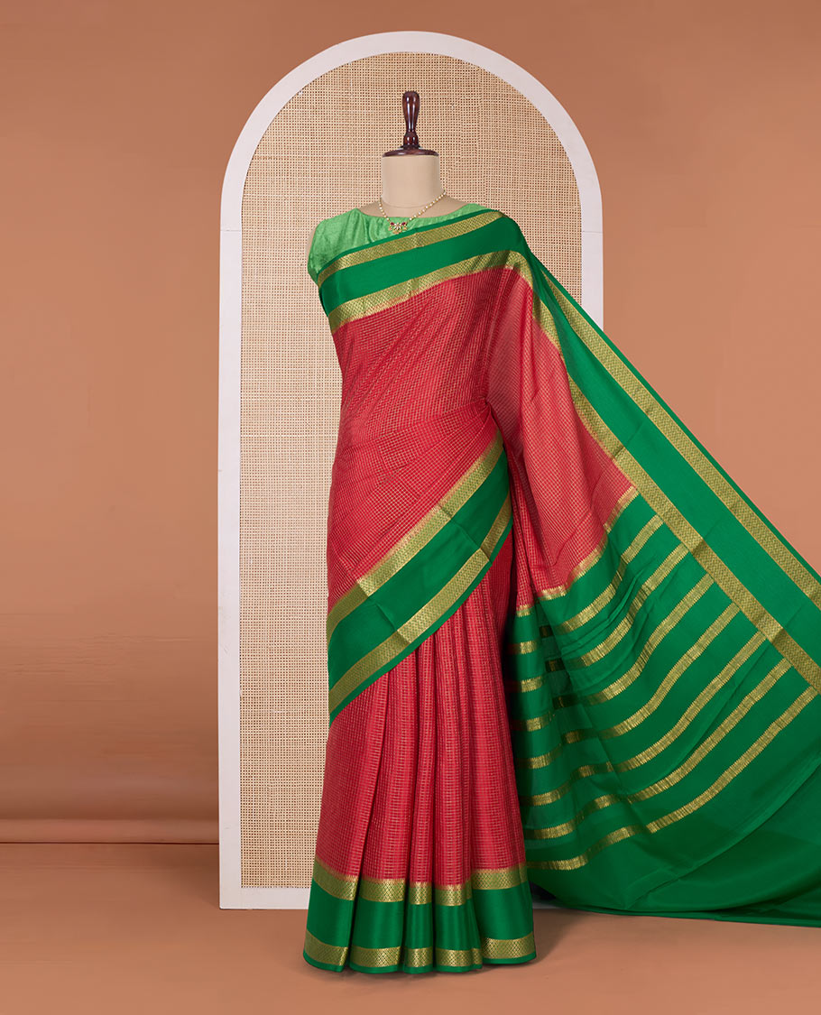 Red zari checked Mysore silk saree, contrast rettai pettu peacock eye zari border, and pallu of zari stripes