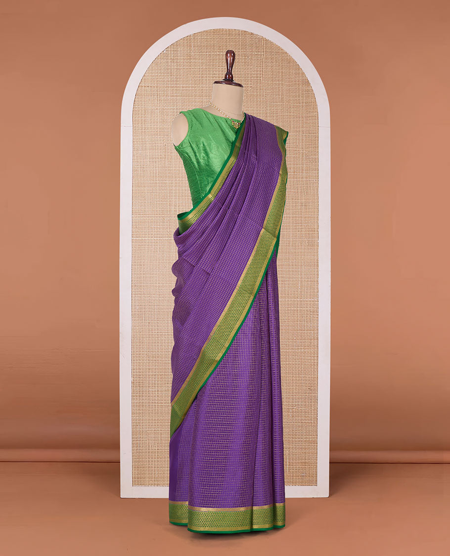 Purple zari checked Mysore silk saree, contrast peacock eye border, and pallu of zari stripes