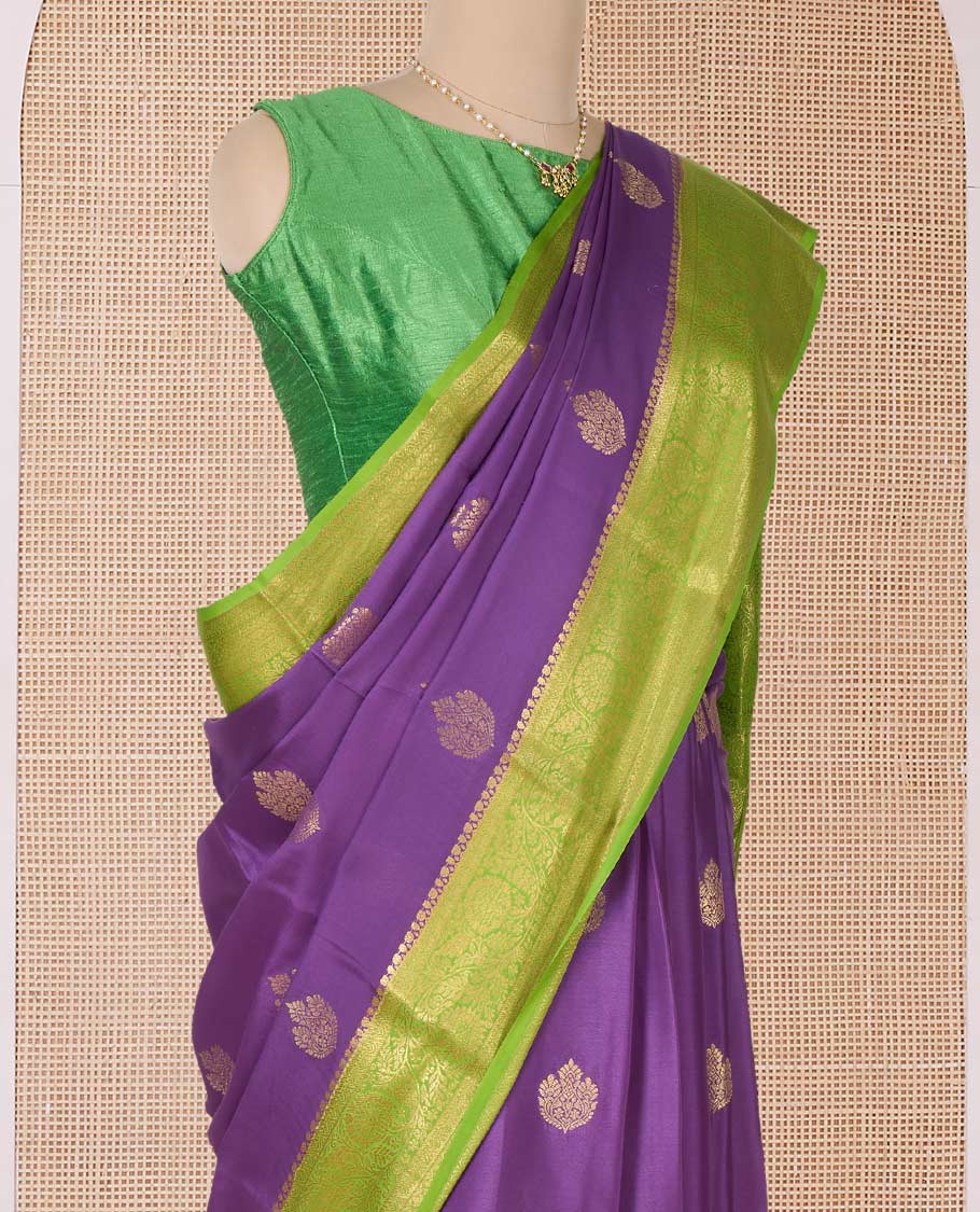 Purple zari buttas Mysore silk saree, contrast floral creeper zari border, and pallu of intricate designs